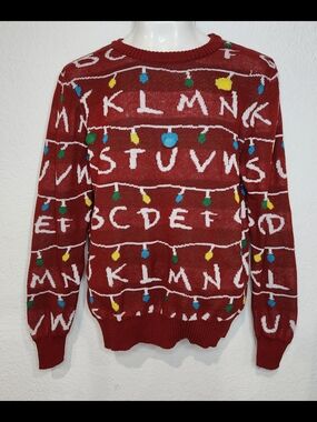STRANGER THINGS Red Alphabet Ugly Holiday Sweater with Christmas -Color Lights